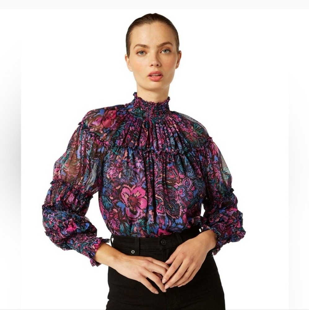 Misa Rosalinda semi-sheer blouse rose and blue
